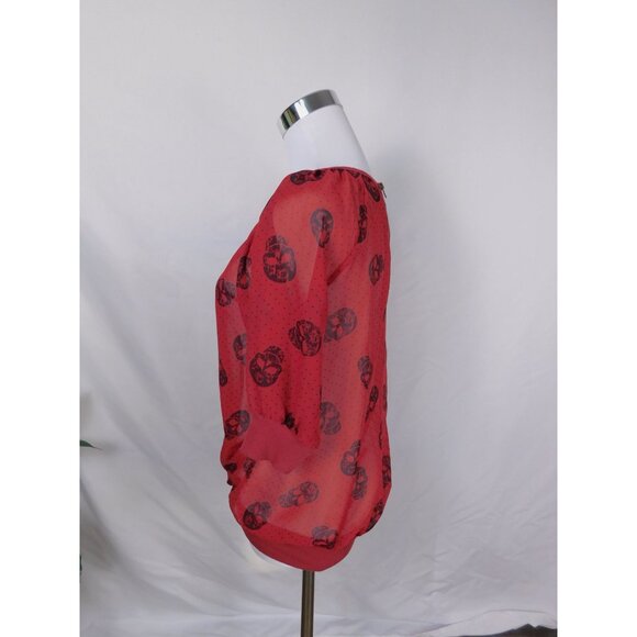 Red Semi-Sheer Skull Print Blouse Womens S Back Zipper & 3/4 Sleeves - Picture 9 of 12